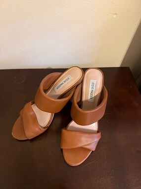 Steve Madden Tan Brown Leather Double-Strap Mule Sandals